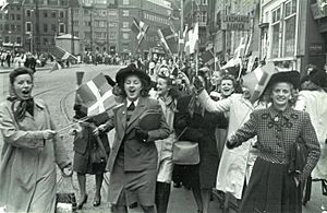 People celebrating the liberation of Denmark. 5th May 1945. At Strøget in Copenhagen.