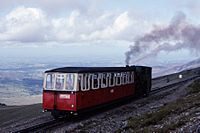 Snowdon Mountain Railway SLM loco 2870 (1923) No 8 'Eryri' approaching Summit Station, N Wales 18.8.1992 (10196585034).jpg