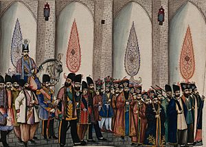 The king of Persia (Naser al-Din Shah Qajar) sitting on a horse with his entourage of officers, bodyguards, footmen and executioners around him. Gouache painting by an Persian artist