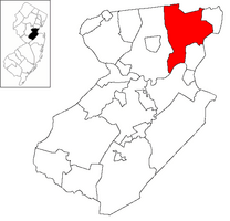 Map of Woodbridge Township in Middlesex County. Inset: Location of Middlesex County highlighted in the State of New Jersey.