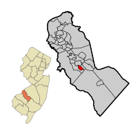 Pine Valley highlighted in Camden County. Inset: Location of Camden County highlighted in the State of New Jersey.