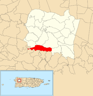 Location of Guacio within the municipality of San Sebastián shown in red