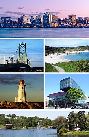Clockwise from top: Downtown Halifax skyline, Crystal Crescent Beach, Central Library, Sullivan's Pond, Peggy's Cove, Macdonald Bridge