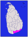 Area map of Hambantota District, lying along the coast from south to south east, in the Southern Province of Sri Lanka
