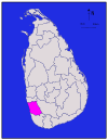 Area map of Kalutara District, extending inwards from the south west by west coast, in the Western Province of Sri Lanka