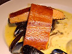 Kiln-roasted salmon char-grilled with a shellfish, mushroom and whisky sauce at Loch Fyne, Newhaven Harbour, Edinburgh.jpg
