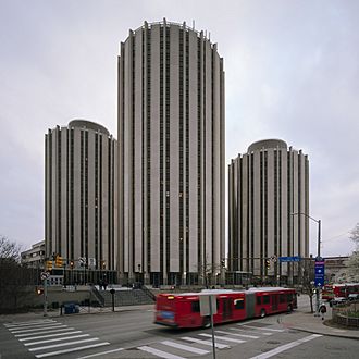 Three cylindrical residential hall buildings known as Litchfield Towers