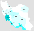 Map of Arabian-inhabited provinces of Iran, according to a poll in 2010