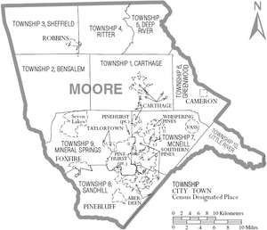 Map of Moore County North Carolina With Municipal and Township Labels