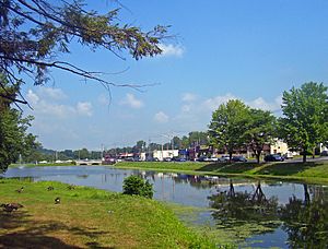 Downtown Monroe, with mill pond and park in foreground
