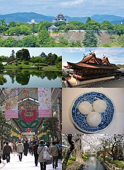 (From top, left to right : Okayama Castle • Okayama Kōraku-en Garden • Kibitsu Jinja • Kibidango • Omote-chō shopping arcade • Nishigawa Green Park)