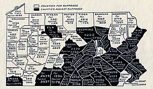 Pennsylvania women's suffrage referundum map 1915, produced by Pennsylvania Men's League for Women's Suffrage