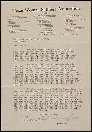 Petition from Minnie Fisher Cunningham of the Texas Woman Suffrage Association
