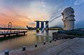 Rear view of the Merlion statue at Merlion Park, Singapore, with Marina Bay Sands in the distance - 20140307
