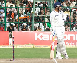 Sehwag waits at the bowler's end