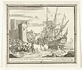 Vlucht van Jacobus na zijn nederlaag bij de Boyne, 1690 De geweesene Koning Jacobus vlucht, na zyn nederlaag by de Revier Boyne te Waterford uyt Ierland. Ao. 1690 (titel op object) Geschiedenis van de omwenteling in En, RP-P-1878-A-464