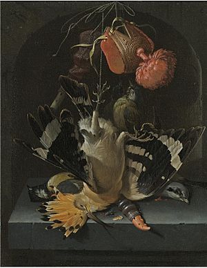 Abraham Mignon - Still life with a hoopoe, a great tit, a falconry hood and a decoy whistle all arranged within a stone niche