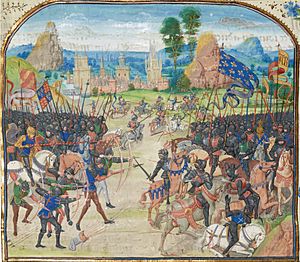 A colourful and stylised picture of a late-medieval battle