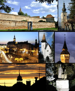 Top left: Medieval Fortress and Tower of the Reformed Church, Top right: Bob Church, Middle left: Twilight in inner city, Center: The Reformed Church in Szabadi Street, Middle right: Tower of City Hall, Bottom left: Dome of the Synagogue, Bottom right: Statue of Bolyai Farkas and János in Bolyai Square