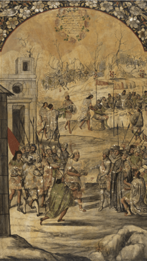 Conquista de México (Tabla 4) - Entra Hernán Cortés de Zempoala y es recibido por el Cacique Gordo, Miguel y Juan Gonzales (1698)