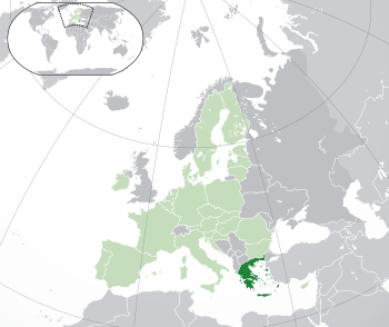 Location of  Greece  (dark green)– on the European continent  (green & dark grey)– in the European Union  (green)  —  [Legend]