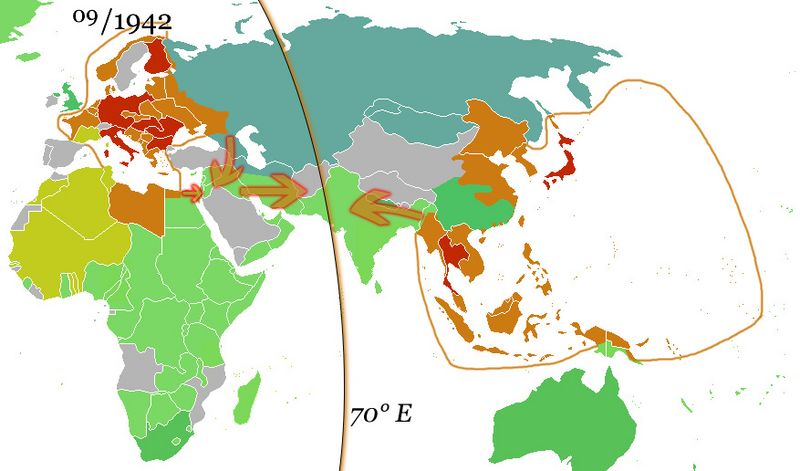 German and Japanese spheres of influence at greatest extent World War II 1942