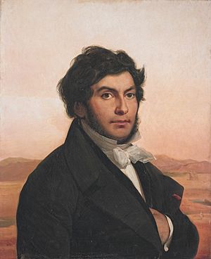 Painting of a young man with dark hair and a beard, on a desert background