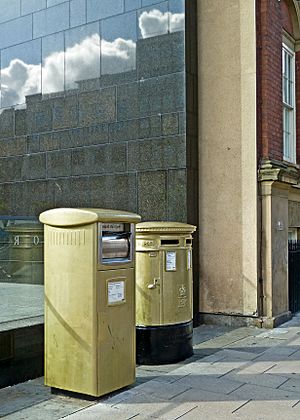 Nicola Adams' gold post box in Leeds (Taken by Flickr user 11th September 2012)