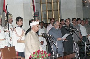 President of India Shankar Dayal Sharma administering the oath of office of Prime Minister of India to Shri I. K. Gujral at the Rashtrapati Bhavan
