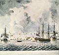 Representation of the action off Mud Fort in the River Delaware - (coloured)
