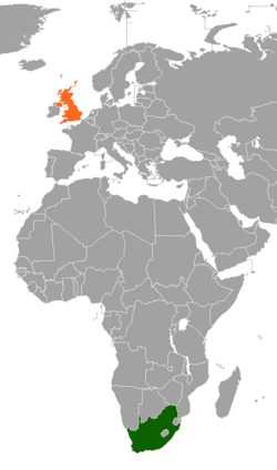 Map indicating locations of South Africa and United Kingdom