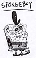 A drawing of Spongeboy with arms and feet wearing a hat 