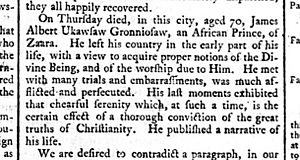 The Chester Chronicle, Monday 2 October, 1775 Gronniosaw death notice