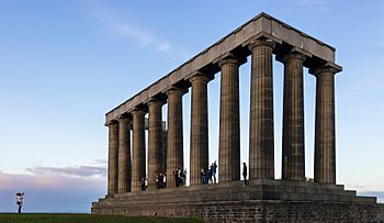 Tourists posing at the National Monument of Scotland