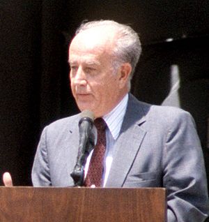 William Donald Schaefer speaking at USS Antietam commissioning, 1987