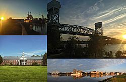 Clockwise, from top left: USS North Carolina, the Cape Fear Memorial Bridge, Downtown Wilmington on the Cape Fear River, and Hoggard Hall on the campus of UNC Wilmington