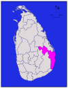 Area map of Ampara District, located along the east by south and south east coast and projecting into the interior of the country at the northern border, in the Eastern Province of Sri Lanka
