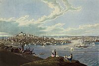 Painting with a body of water with sailing ships in the foreground and a city in the background