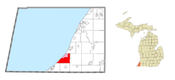 Location within Berrien County (red) and the administered communities of Shorewood–Tower Hills–Harbert (pink)
