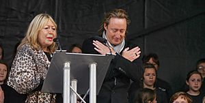 Cynthia and Julian Lennon at the unveiling ceremony of the John Lennon Peace Monument in Liverpool - celebrating John Lennon's 70th Birthday - October 9th 2010 (retouched)