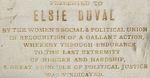 ELSIE DUVAL hunger strike medal presentation, 1912 - "IN RECOGNITION OF A GALLANT ACTION... A GREAT PRINCIPLE OF POLITICAL JUSTICE WAS VINDICATED." (cropped)