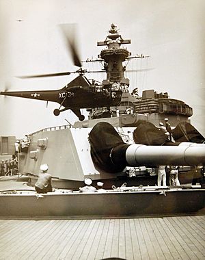 Helicopter lands on USS Missouri (BB-63) gun turret, 1948 Midshipmen’s Practice Cruise (37781879662)