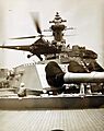 Helicopter lands on USS Missouri (BB-63) gun turret, 1948 Midshipmen’s Practice Cruise (37781879662)