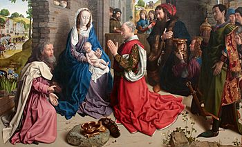 Hugo van der Goes (Gand, 1440 circa – Auderghem, 1482) Altare Monforte - Adorazione dei Magi (1470 circa) - Tecnica olio su tavola Dimensioni 147×242 cm - Gemäldegalerie, Berlin.jpg