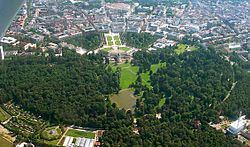 The town centre of the city of Karlsruhe (Germany) photographed from an aeroplane. It is easy to recognize the historic layout of the town: The streets head away from the palace like the rays of the sun.