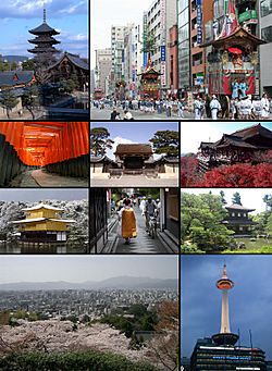 From top left: Tō-ji, Gion Matsuri in modern Kyoto, Fushimi Inari-taisha, Kyoto Imperial Palace, Kiyomizu-dera, Kinkaku-ji, Ponto-chō and Maiko, Ginkaku-ji, Cityscape from Higashiyama and Kyoto Tower