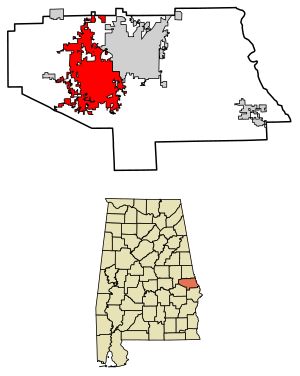 Location of Auburn in Lee County, Alabama.