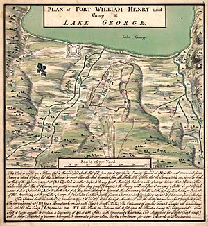 A hand-drawn plan of the southern end of Lake George, prepared by British engineer William Eyre. The article text contains more details on the layout and geography.