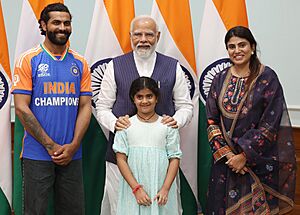 Prime Minister Of Bharat Shri Narendra Damodardas Modi with Shri Ravindra Jadeja & Rivaba Jadeja