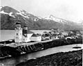 Russian church and general view of town of Unalaska, Alaska, June 1906 (COBB 150)